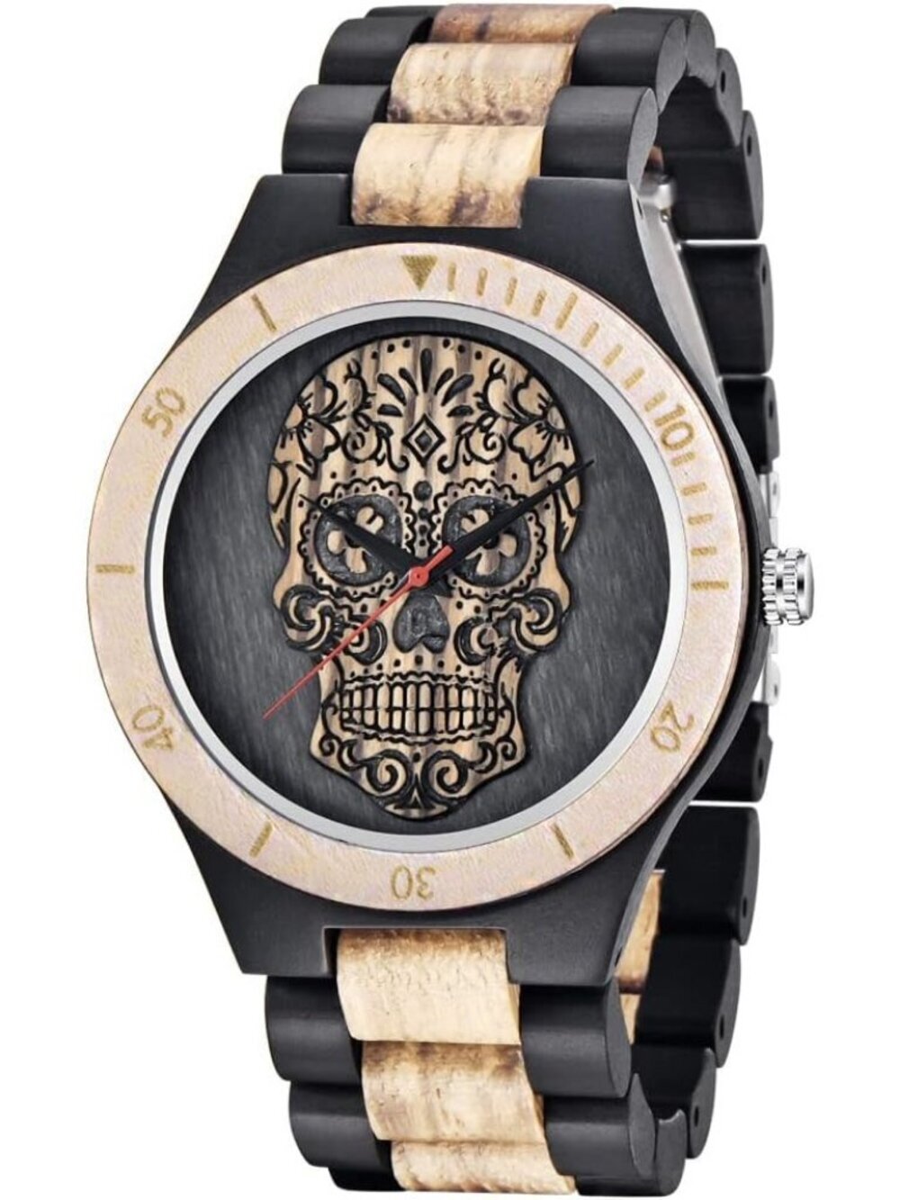 Men's Black Beige Analog Quartz Handmade Skull Face Engraved Round Wooden Watch
